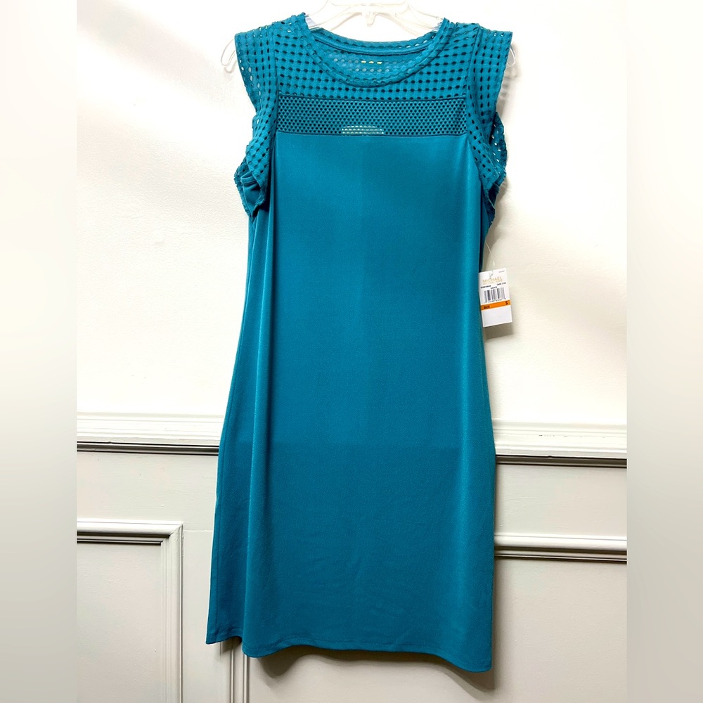 Michael Kors Dress Short sleeve, Eyelet Mesh, Flutter Sleeve Dress in Dark Cyan